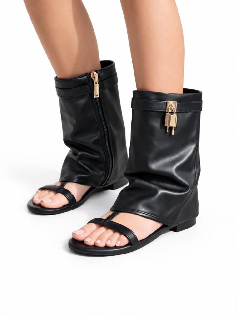 Women's Black Cutout Gladiator Sandal Boots with Gold Lock Detail, 5.5